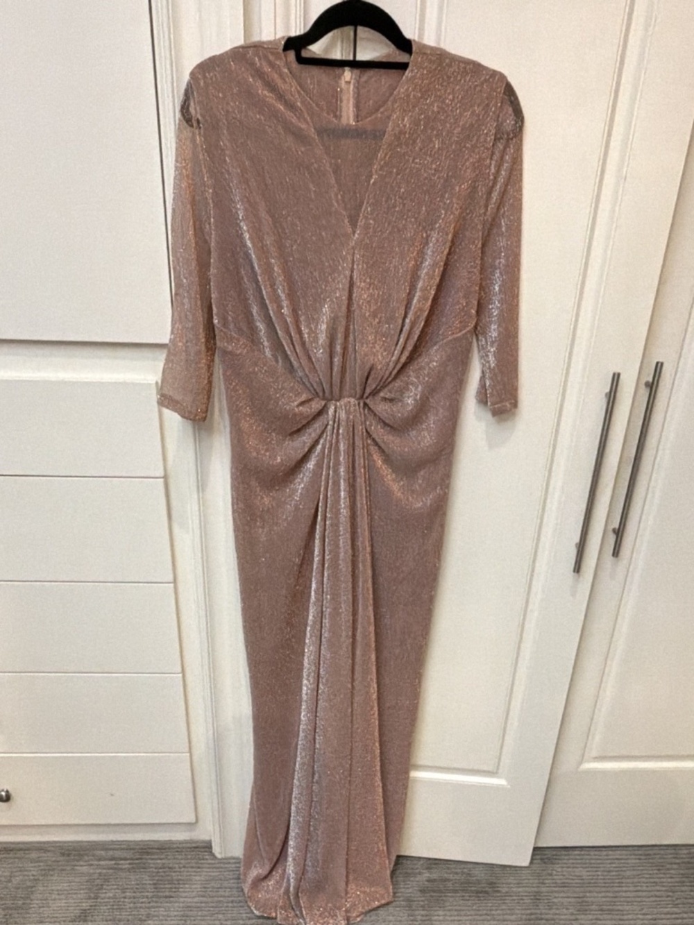 Talbot Runhof Pret Rose Gold Metallic Plisse Twist Front Maxi Gown Size M